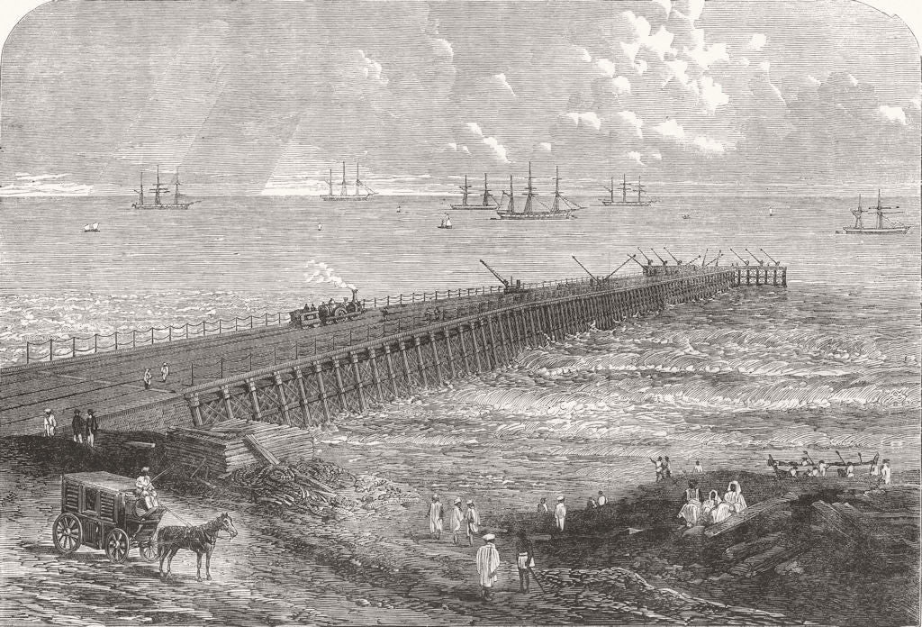 INDIA. Chennai Pier, Screw-Piles, new invention 1863 old antique print picture